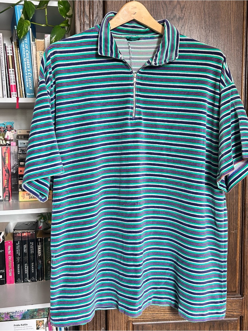 Vintage Men's Short Sleeve Striped Polo Shirt - Teal & Navy